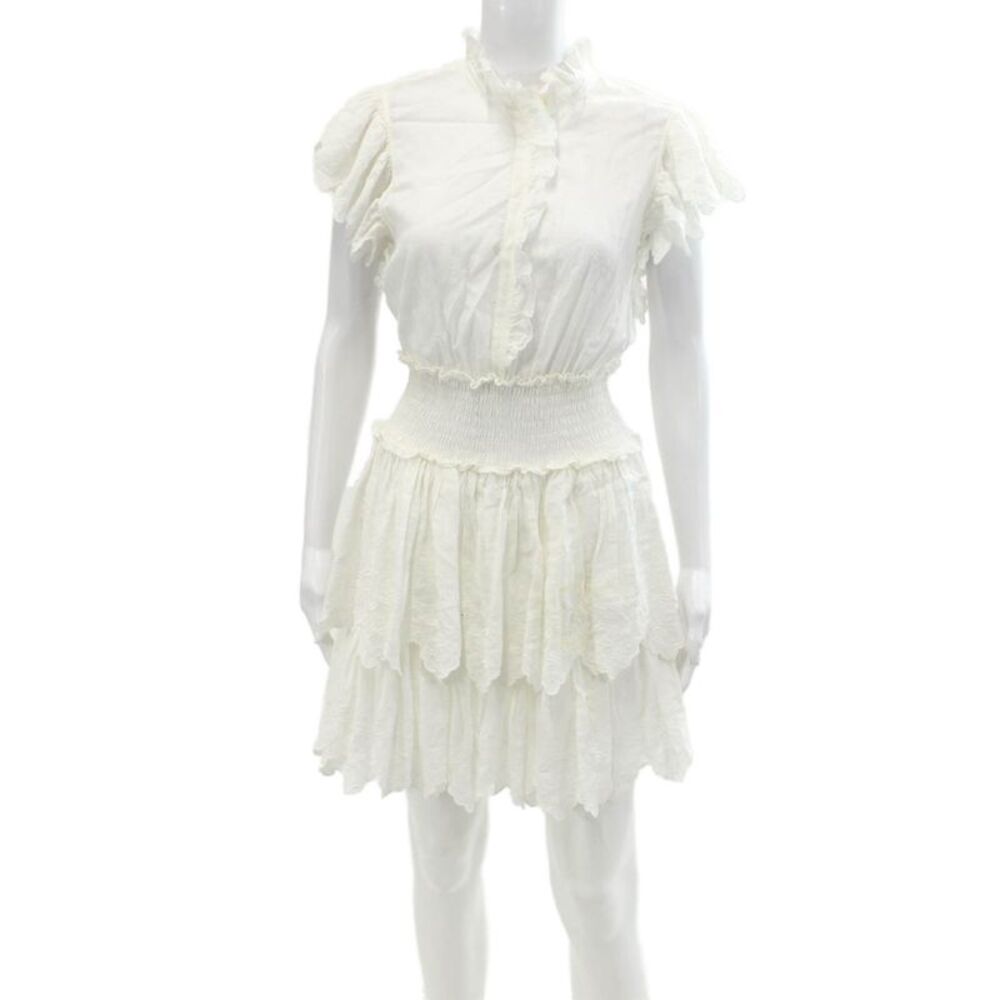 La Vie Womens Cotton Ruffled Eyelet Lace Smocked Waist Mini Dress White Size XS
